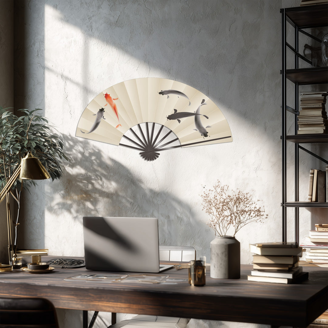 Neutral beige dominates this sophisticated room featuring koi fish fan metal art for wall, an elegant, Japanese-inspired piece adding charm and artistry.