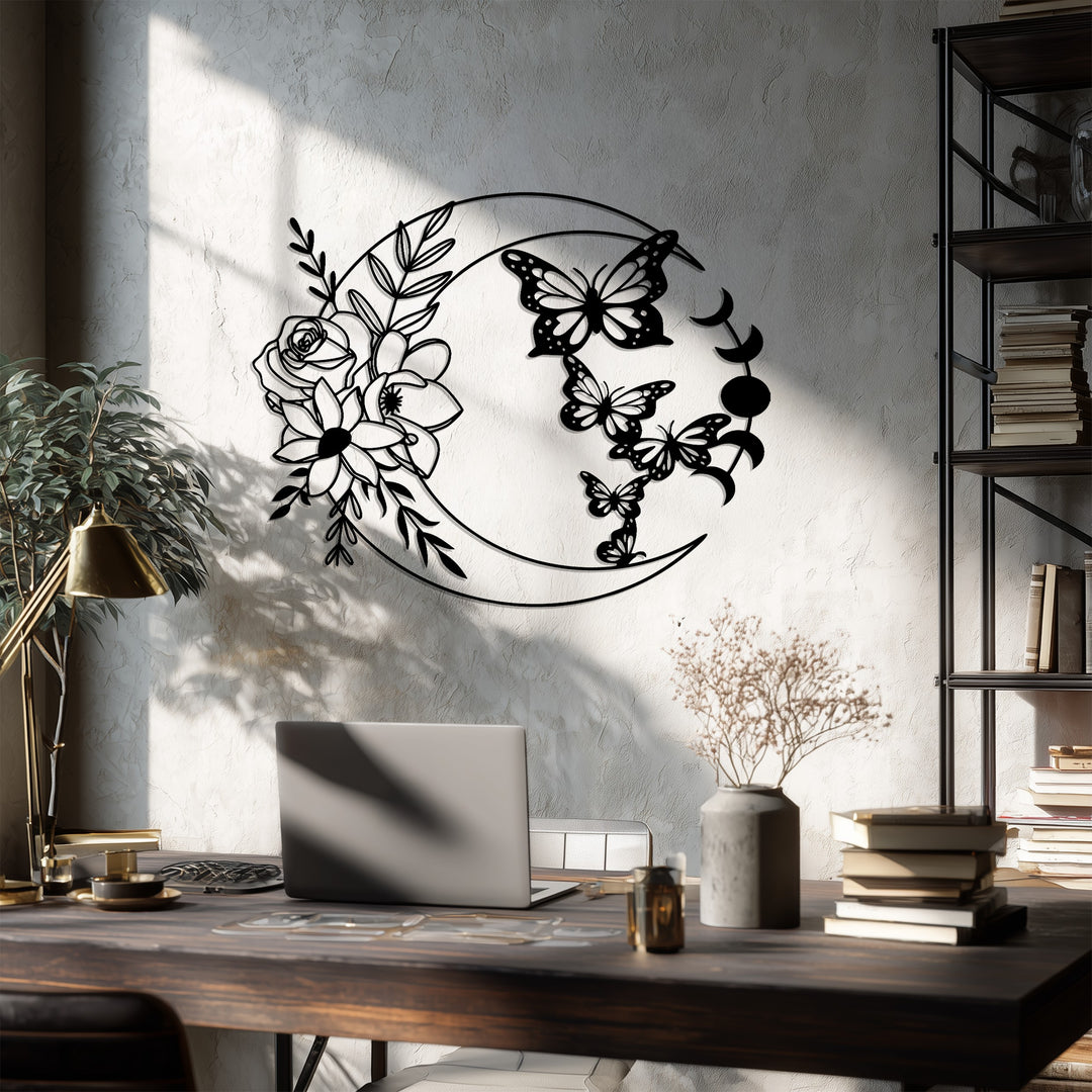 Celestial Harmony – Moon and Butterfly Metal Wall Art