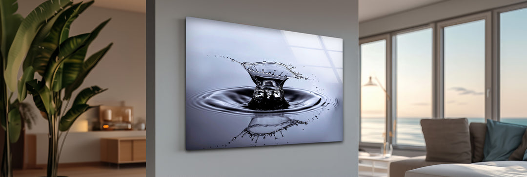 Aqua Impact Moment – Black & Silver Water Splash Glass Wall Art