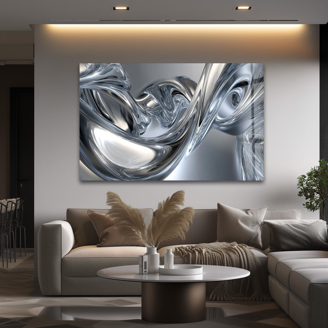Silver Liquid Contours – Abstract Chrome Flow Glass Wall Art