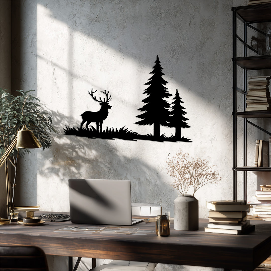 Lone Stag in Forest Metal Wall Art – Rustic Nature Design