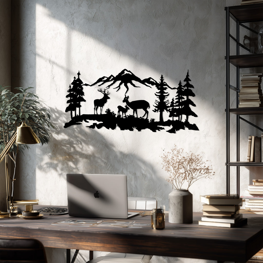 Deer Family Mountain Scene Metal Wall Art – Rustic Nature Decor