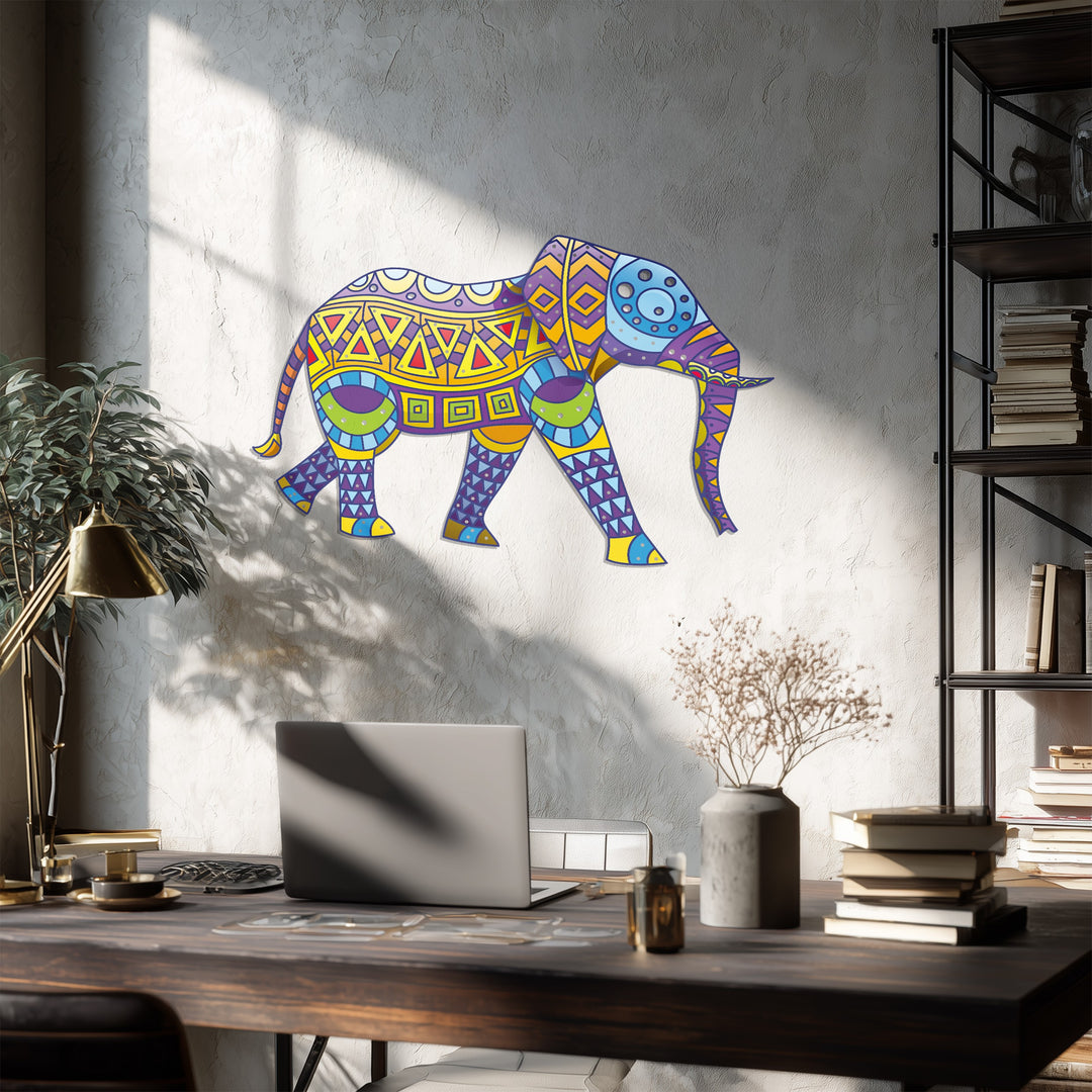 Colorful Tribal Elephant Metal Wall Art – Bohemian Animal-Inspired Home Decor