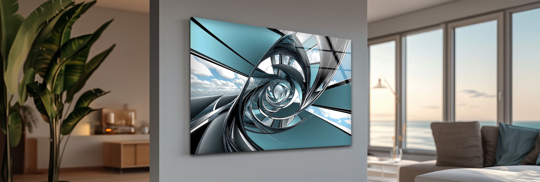 Aero Spiral Gateway – Futuristic Chrome Tunnel Glass Wall Art