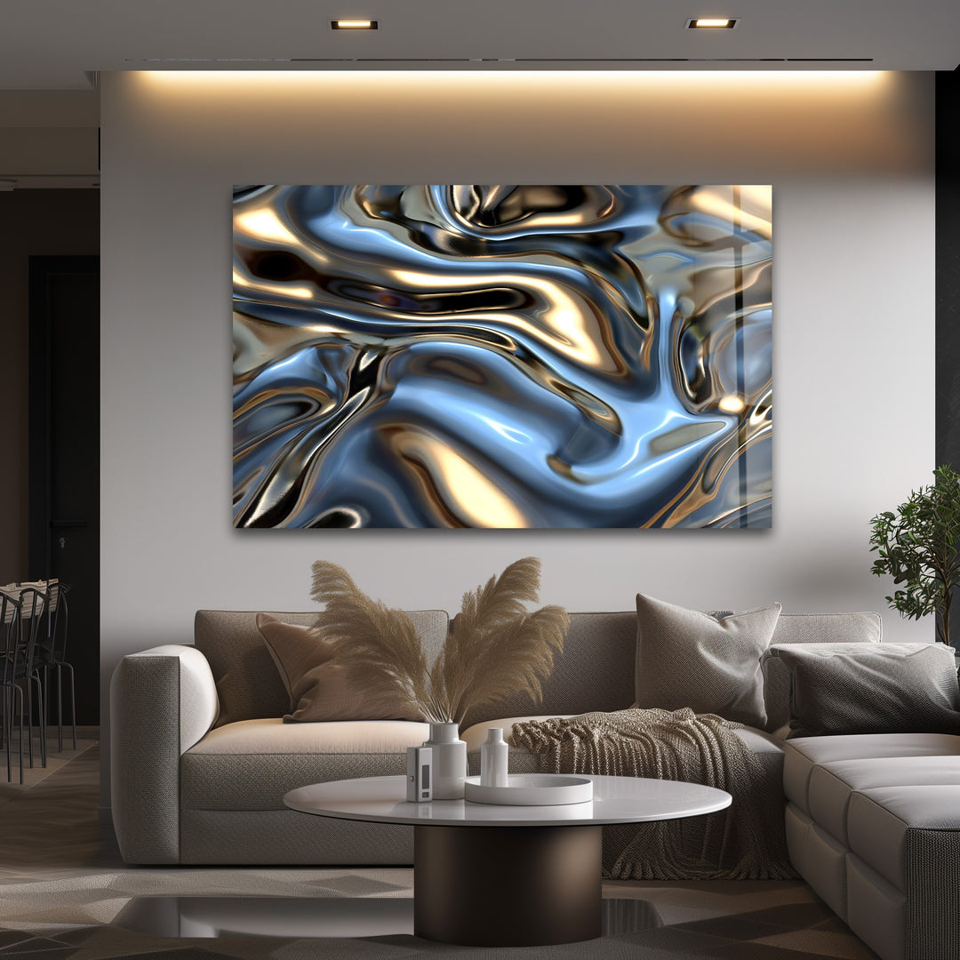 Celestial Metal Drift – Abstract Silver & Gold Fluid Glass Wall Art