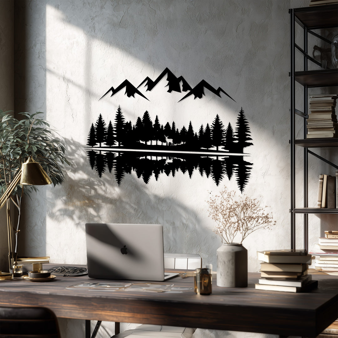 Rustic Mountain Forest Metal Wall Art – Nature Reflection Decor