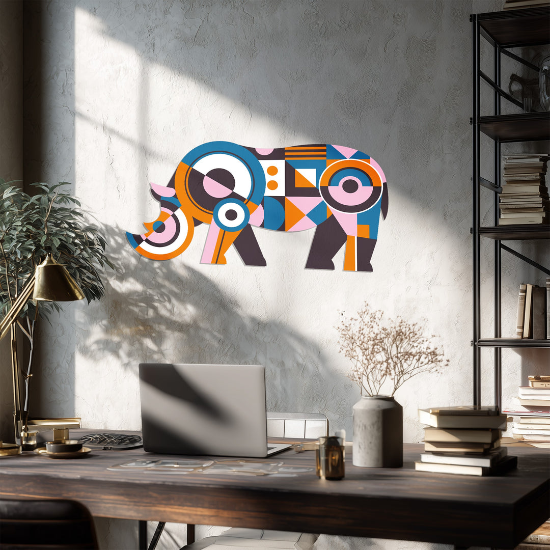 Geometric Rhino Metal Wall Art – Colorful Modern Animal Wall Decor