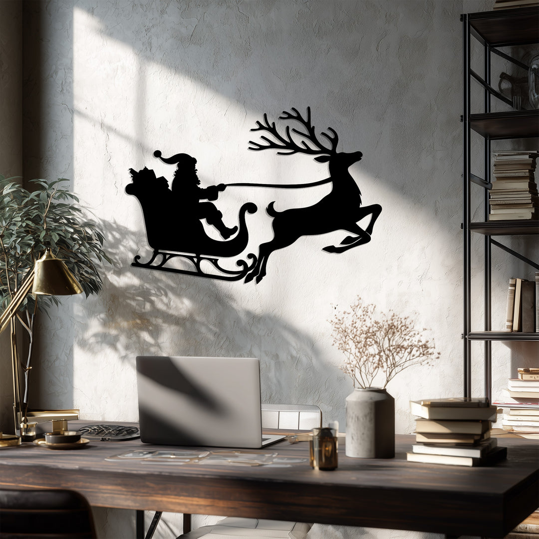 رحلة سانتا على الزلاجة – غزلان عيد الميلاد فن جداري معدني