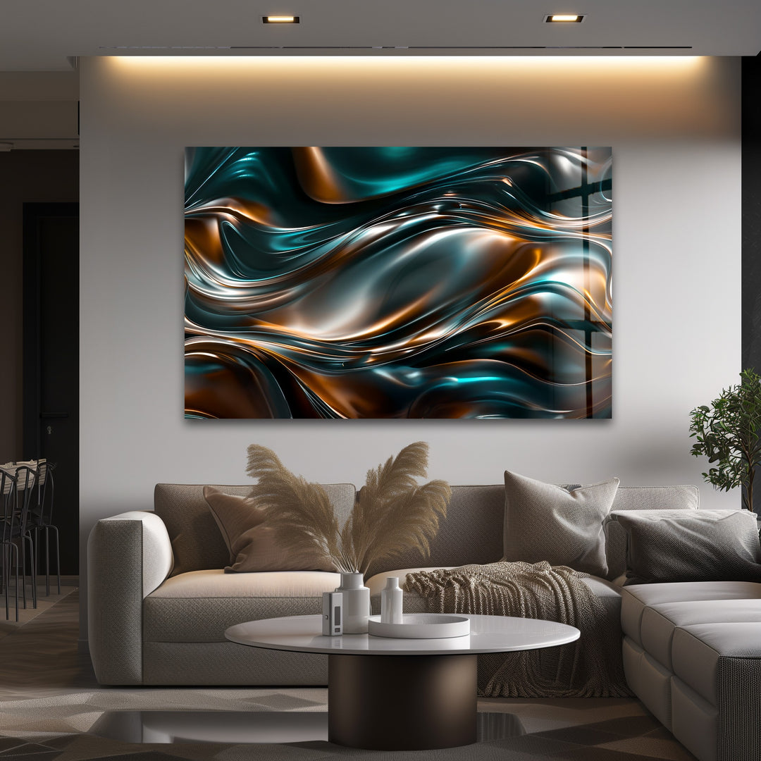 Obsidian Copper Drift – Abstract Metallic Wave Glass Wall Art