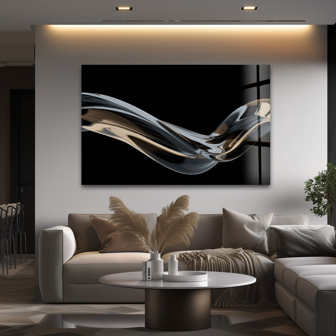 Ebony Silk Wave – Minimalist Metallic Flow Glass Wall Art