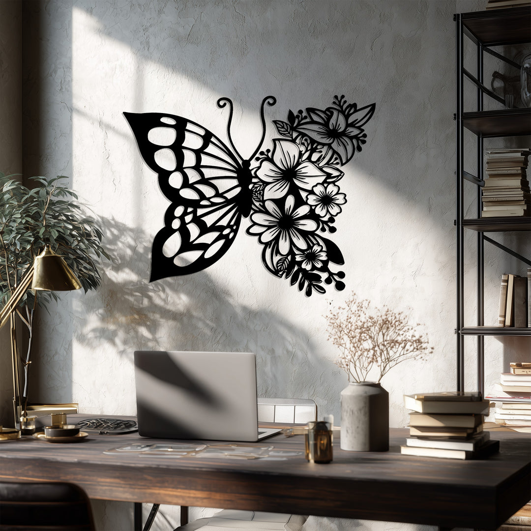 Floral Butterfly Metal Wall Art – Red Nature-Inspired Elegance