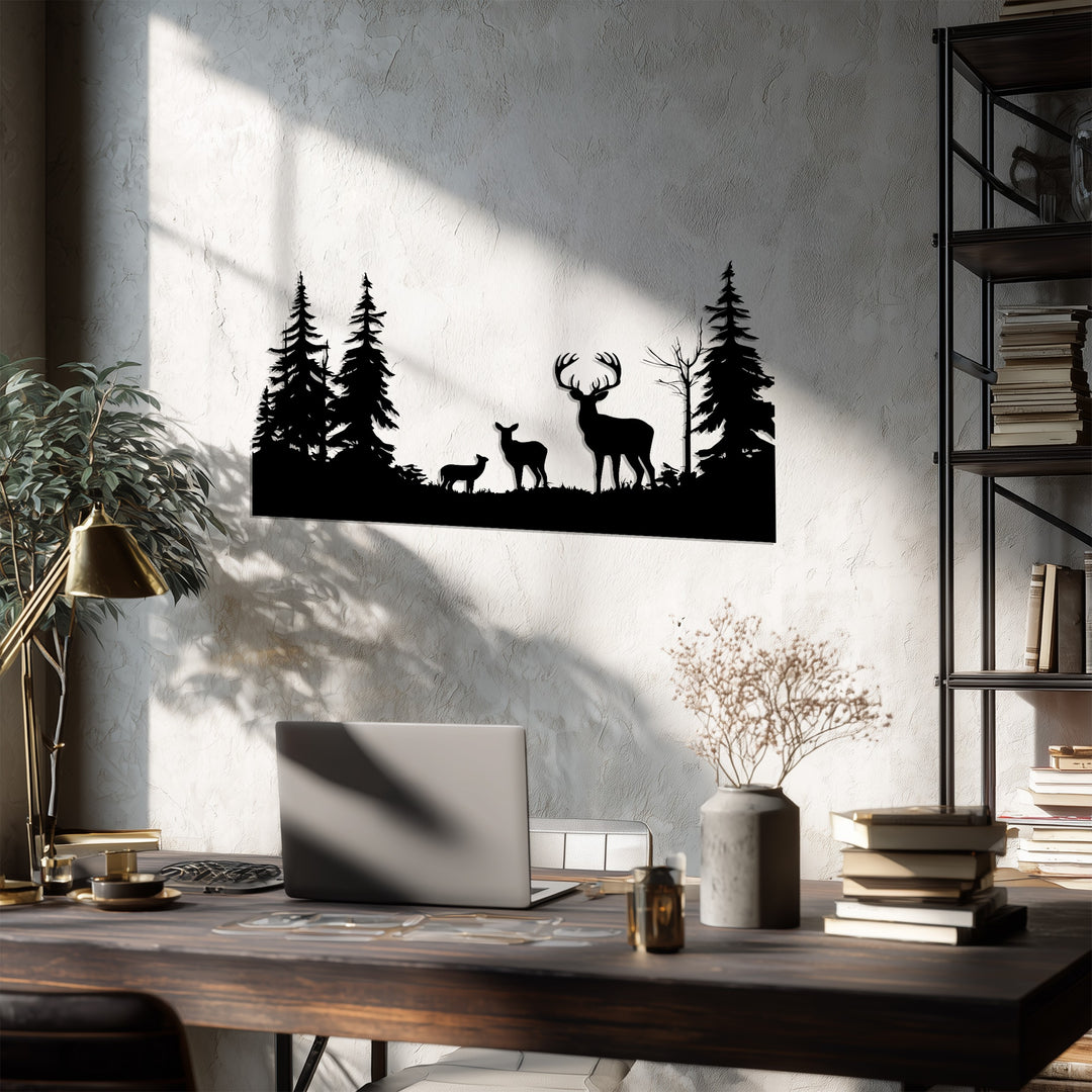 Family of Deer in Forest Metal Wall Art – Rustic Wildlife Decor