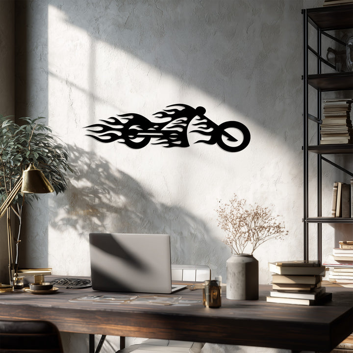 Horizontal, laser-cut flaming motorcycle decoration wall art, shaped with sleek lines, is a modern metal piece.