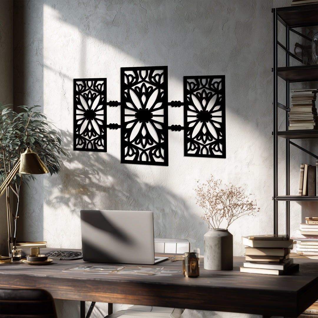 تصميم هندسي زهري - تصميم عصري بثلاثة ألواح فن جداري معدني