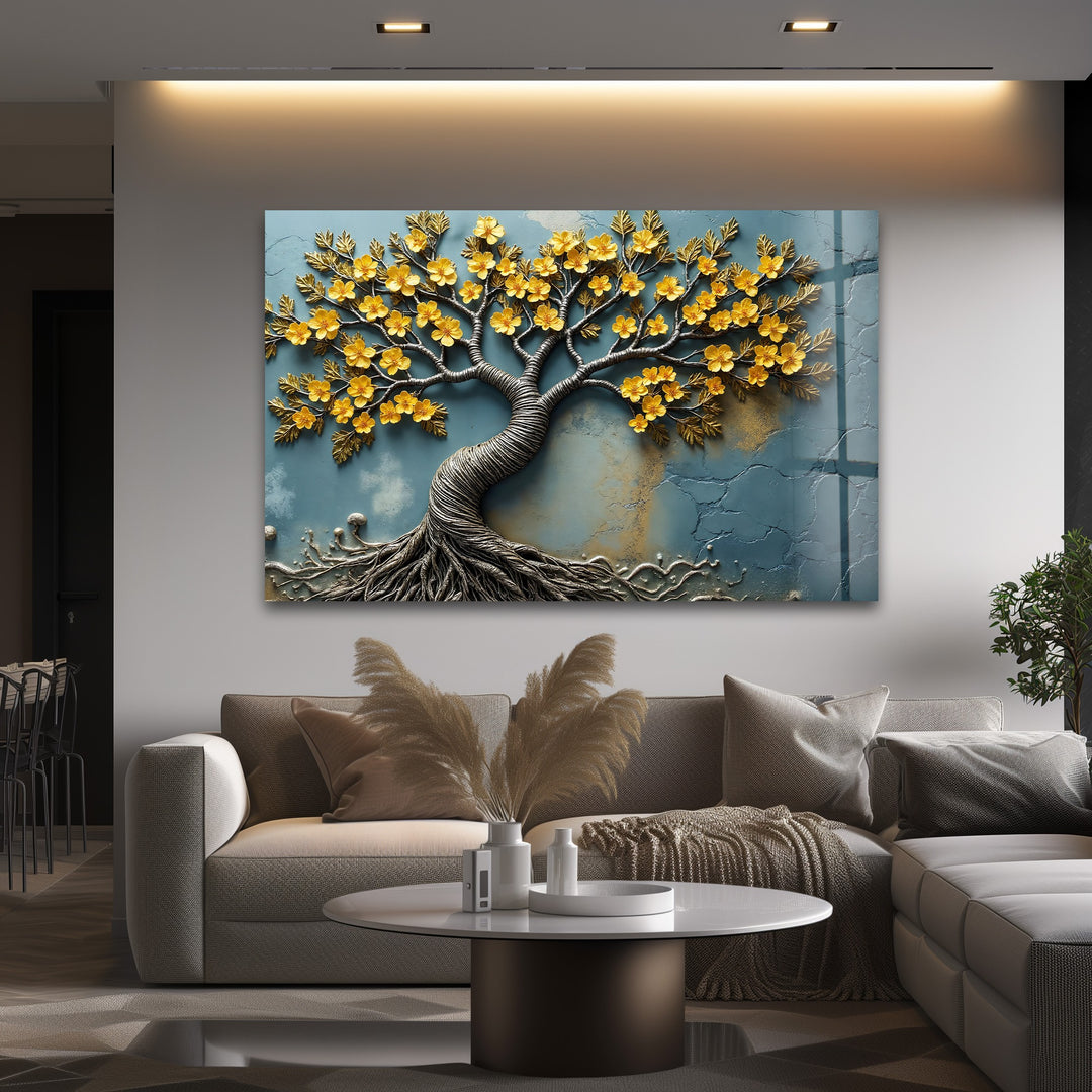 Golden Blossom Roots – Textured Floral Tree Glass Wall Art