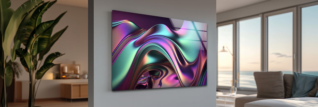 Iridescent Wave Mirage – Neon Chrome Flow Glass Wall Art