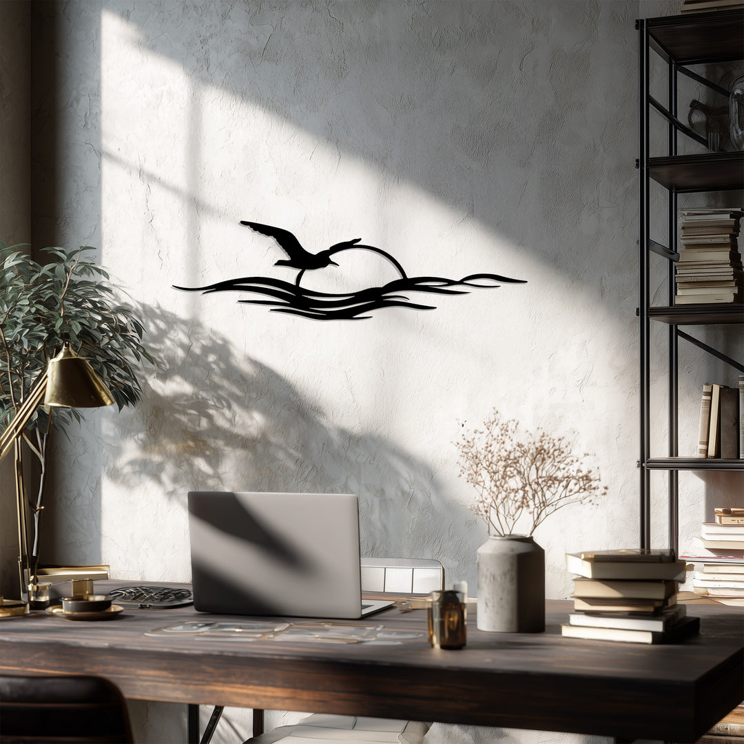Flying Seagull Sunset Metal Wall Art – Coastal Minimalist Décor