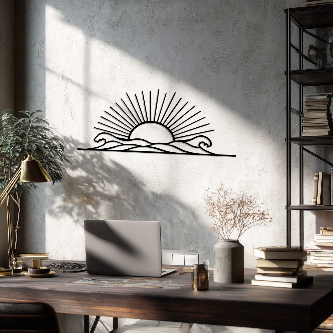 Radiant Horizon – Sunrise Over Waves Metal Wall Art