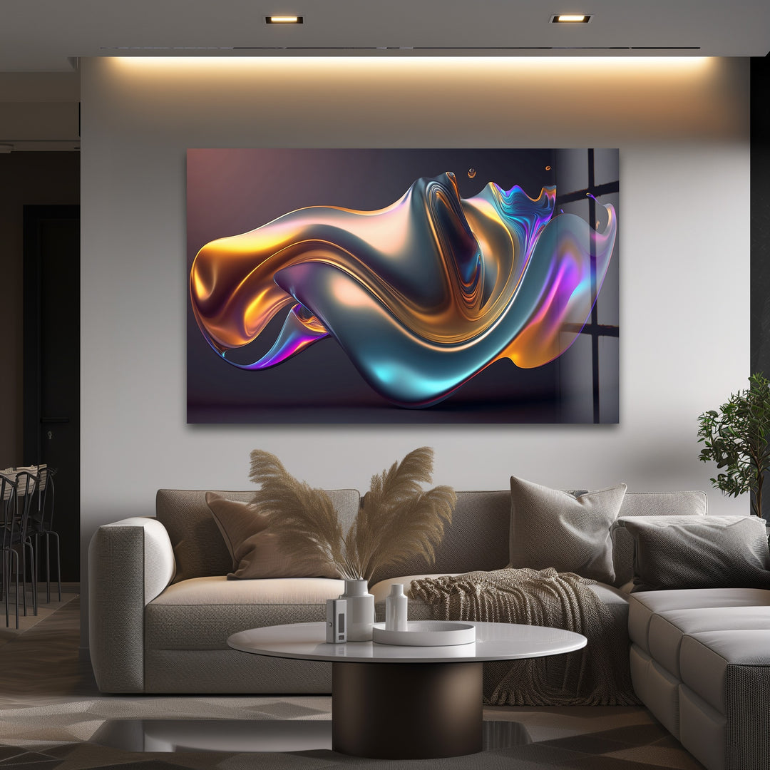 Prismatic Flow Mirage – Iridescent Chrome Wave Glass Wall Art
