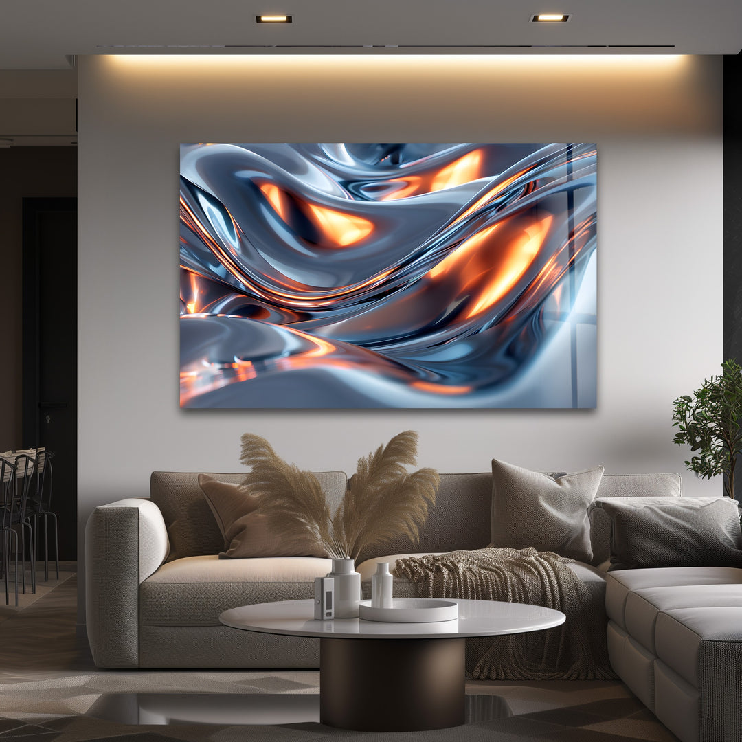 Solar Chrome Surge – Abstract Silver & Ember Flow Glass Wall Art