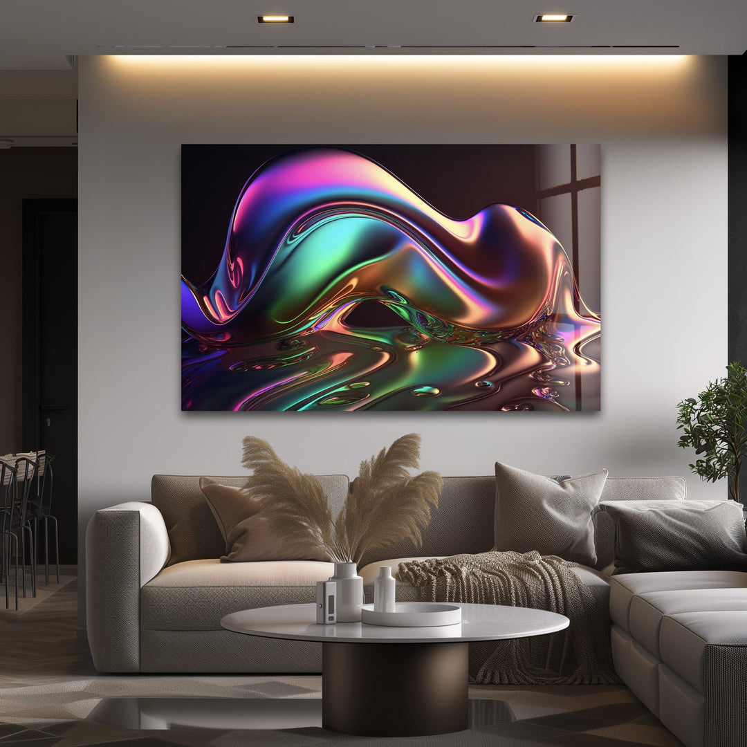 Neon Mirage Crest – Iridescent Chrome Wave Glass Wall Art