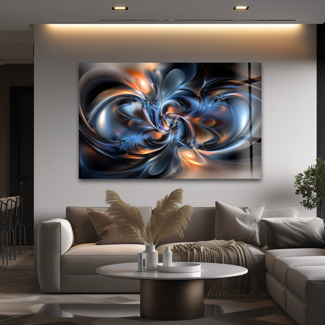 Cosmic Helix Radiance – Abstract Blue & Ember Swirl Glass Wall Art