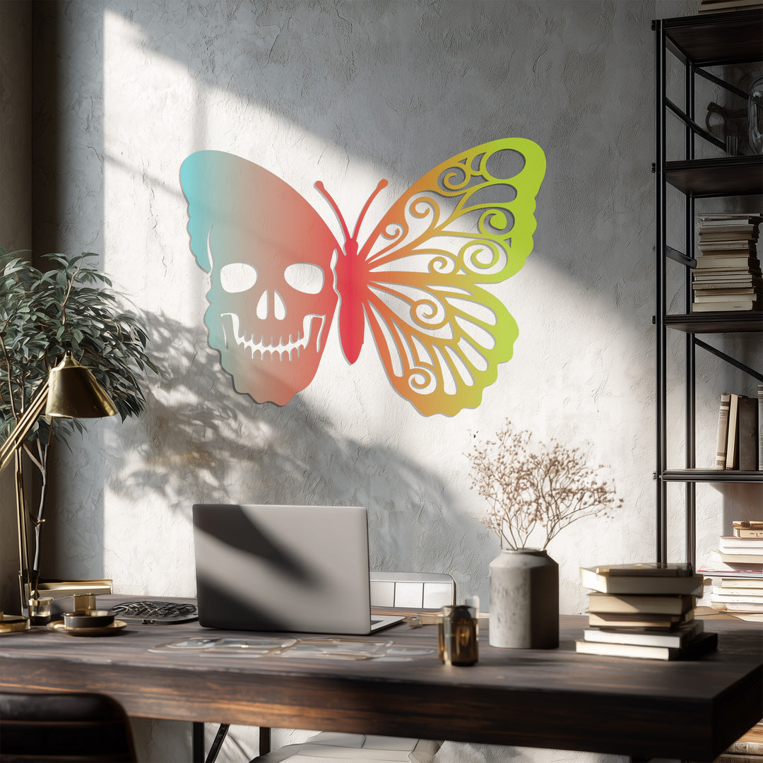 Ethereal Duality Skull Butterfly Metal Wall Art – Colorful Symbolic Design
