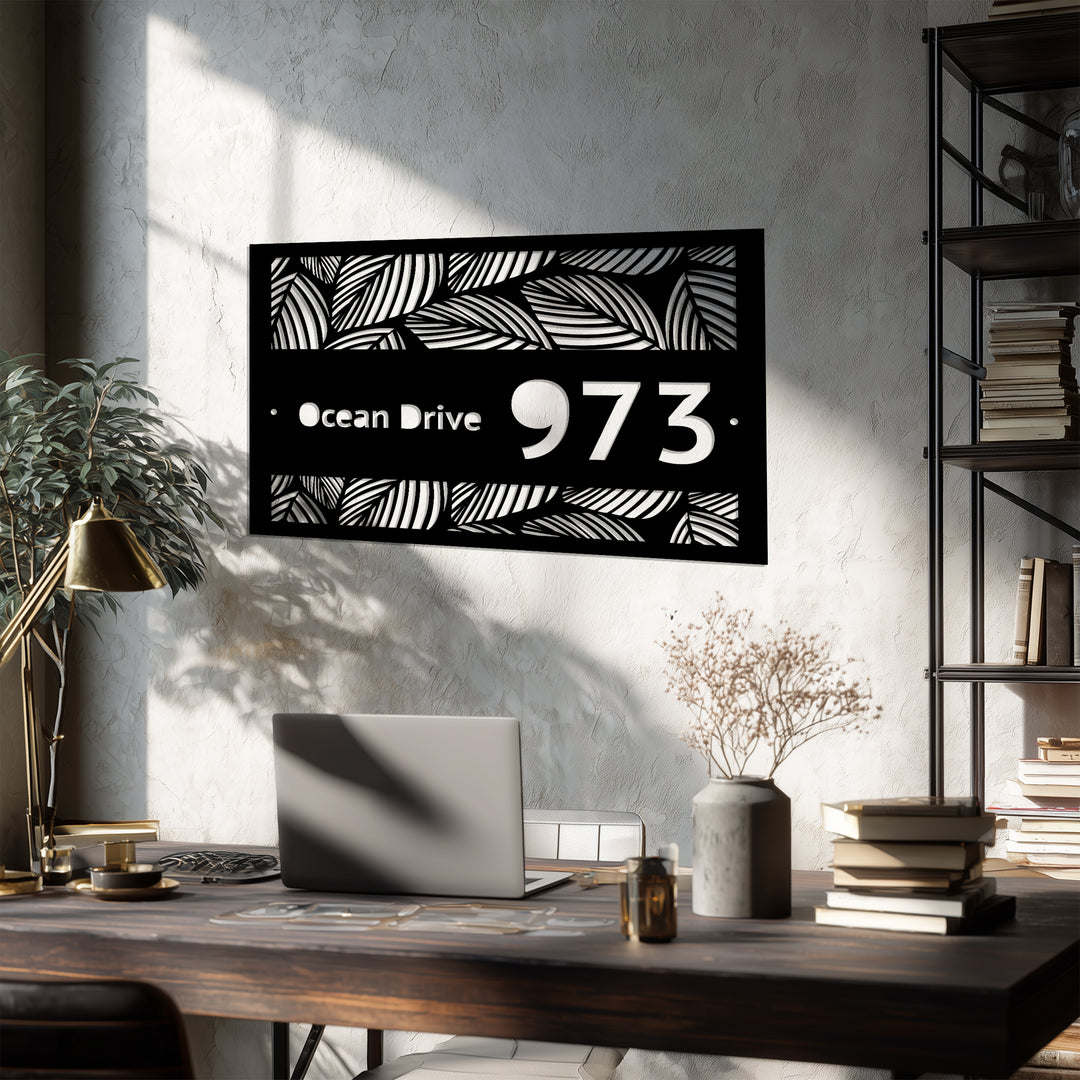 Custom Metal Address Plaque – Tropical Leaf Design House Number Sign