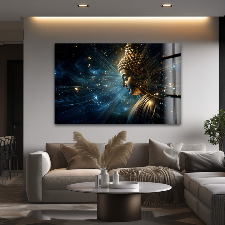 Cosmic Enlightenment – Radiant Buddha Glass Wall Art