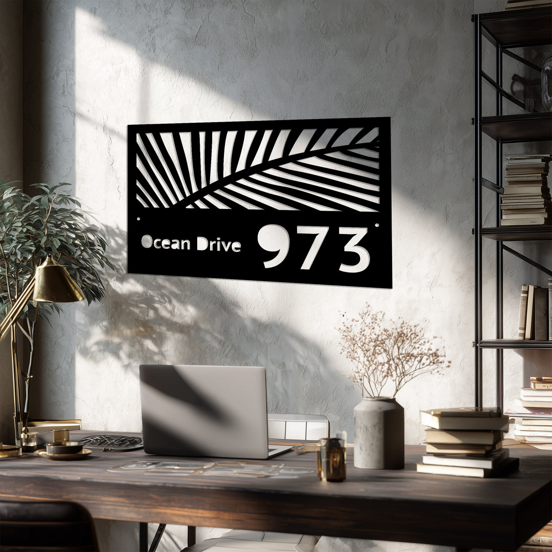 Custom Metal Address Sign – Tropical Palm Leaf House Number Plaque