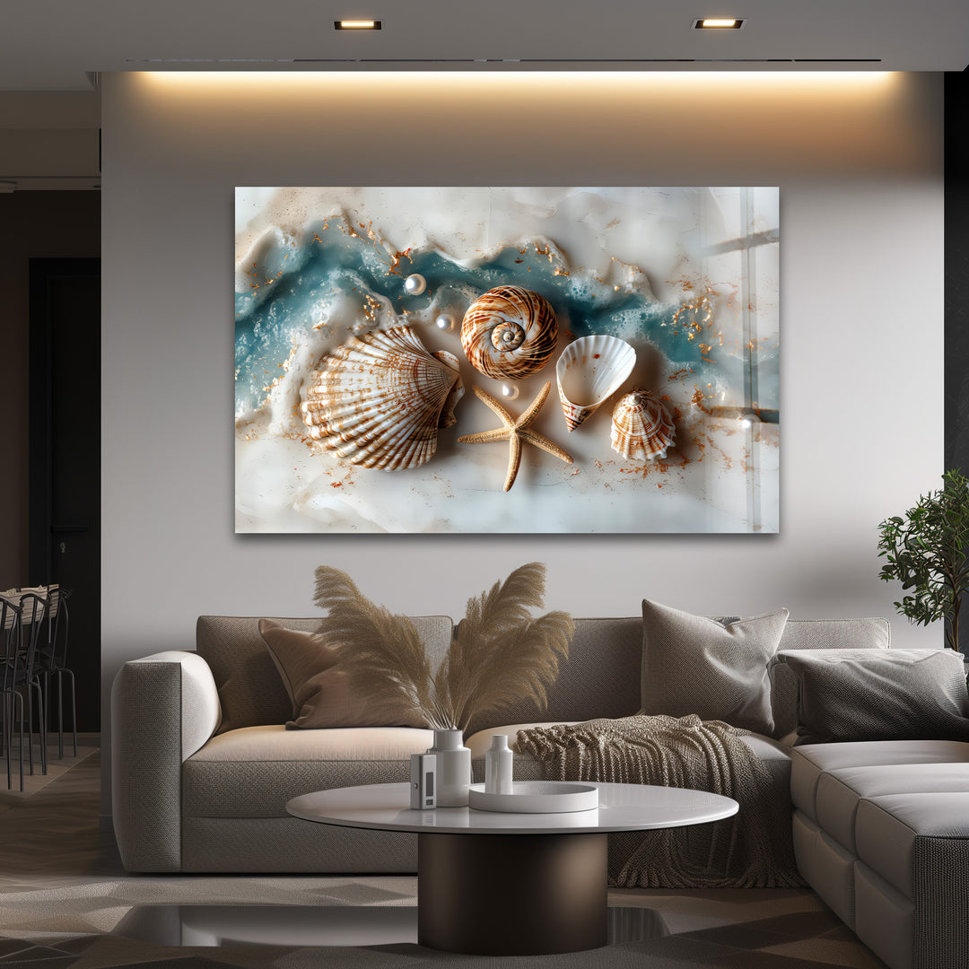 Coastal Treasures – Seashell & Ocean Pearl Glass Wall Art