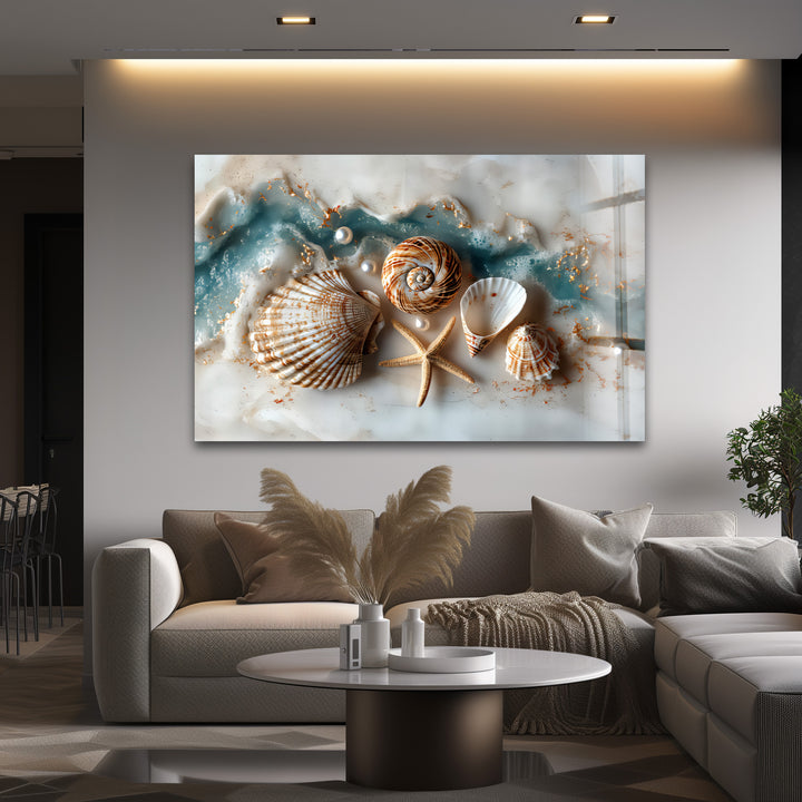 Coastal Treasures – Seashell & Ocean Pearl Glass Wall Art