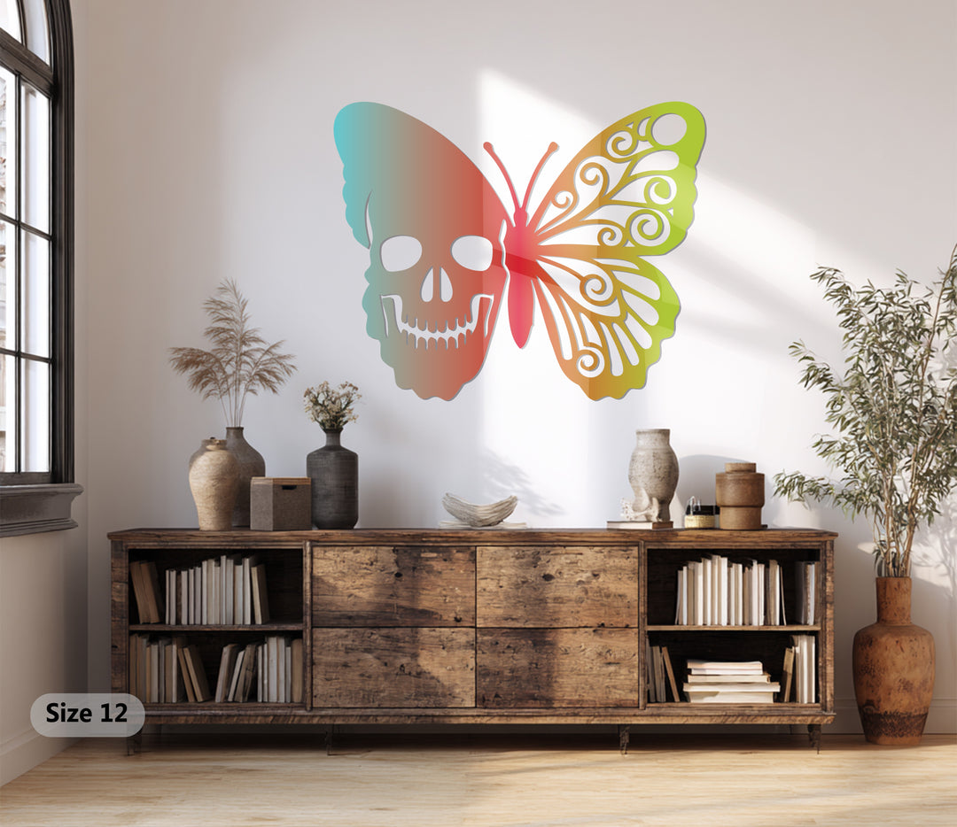 Ethereal Duality Skull Butterfly Metal Wall Art – Colorful Symbolic Design