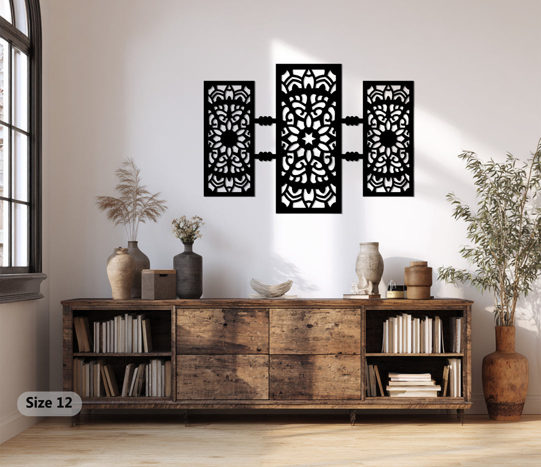 تناغم الأرابيسك – تصميم هندسي ثلاثي الأجزاء فن جداري معدني