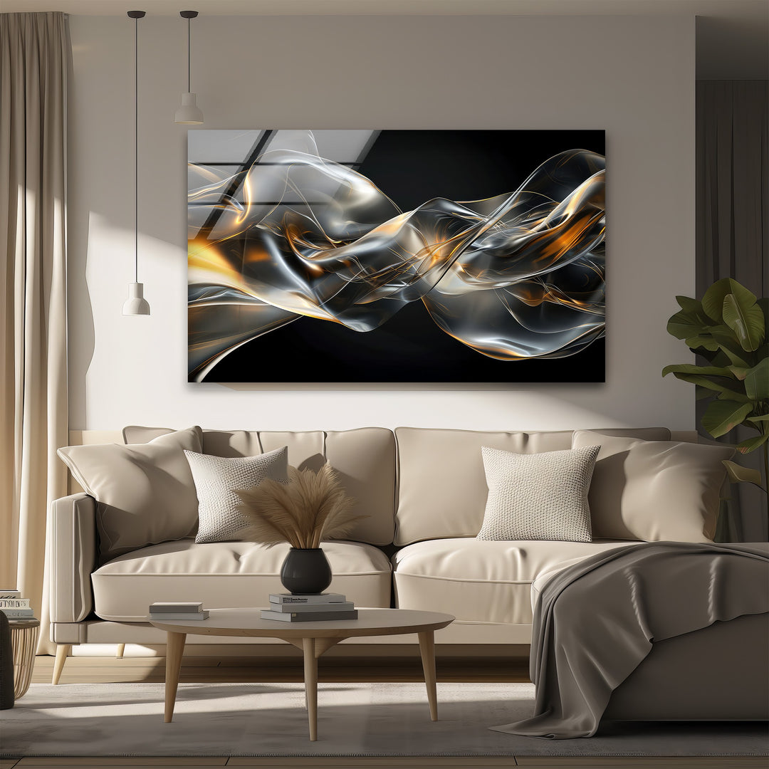 Midnight Ember Drift – Abstract Smoke Gold Glass Wall Art