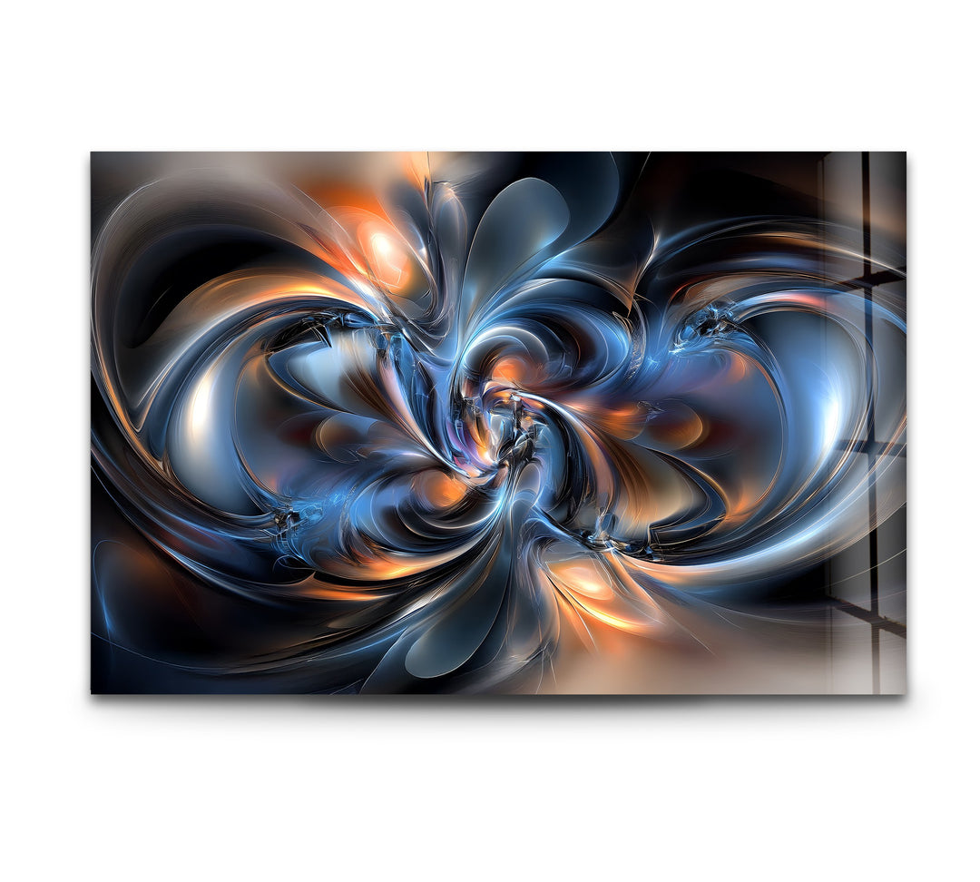Cosmic Helix Radiance – Abstract Blue & Ember Swirl Glass Wall Art