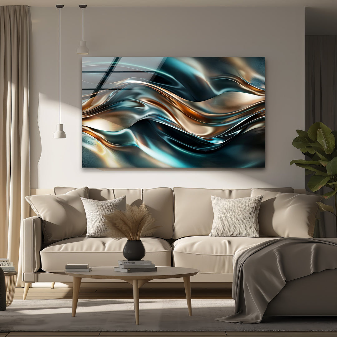 Ocean Bronze Serpentine – Abstract Metallic Wave Glass Wall Art
