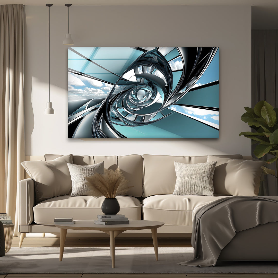 Aero Spiral Gateway – Futuristic Chrome Tunnel Glass Wall Art
