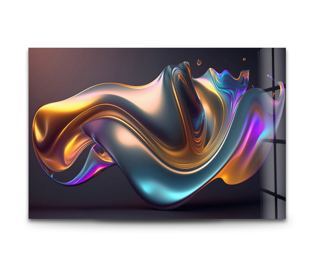 Prismatic Flow Mirage – Iridescent Chrome Wave Glass Wall Art