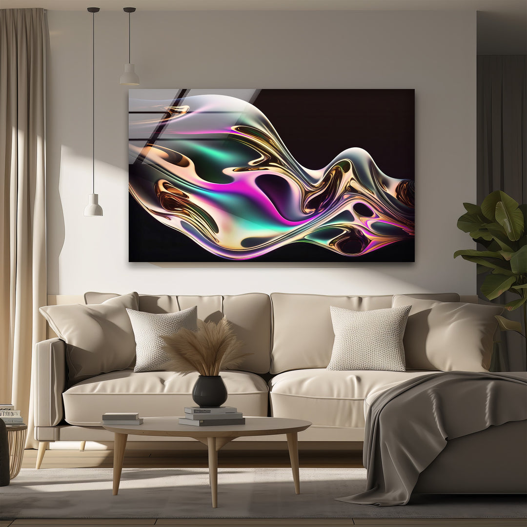 Neon Mirage Flow – Iridescent Metallic Wave Glass Wall Art