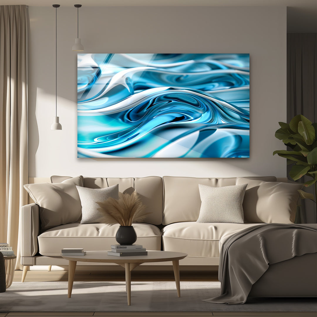 Arctic Wave Flow – Abstract Blue Chrome Fluid Glass Wall Art