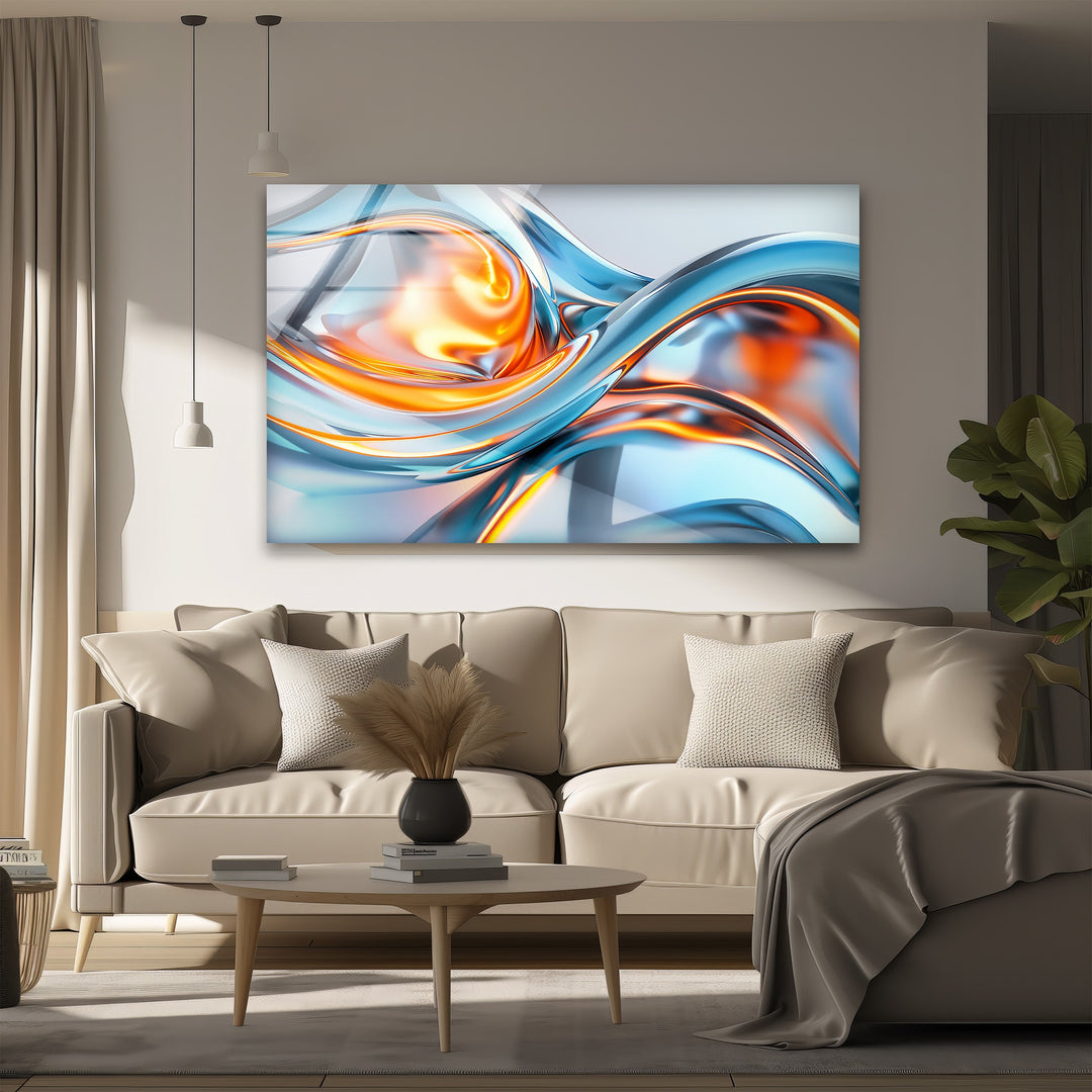 Solar Frost Fusion – Abstract Blue & Orange Chrome Glass Wall Art