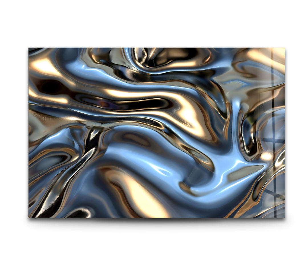 Celestial Metal Drift – Abstract Silver & Gold Fluid Glass Wall Art