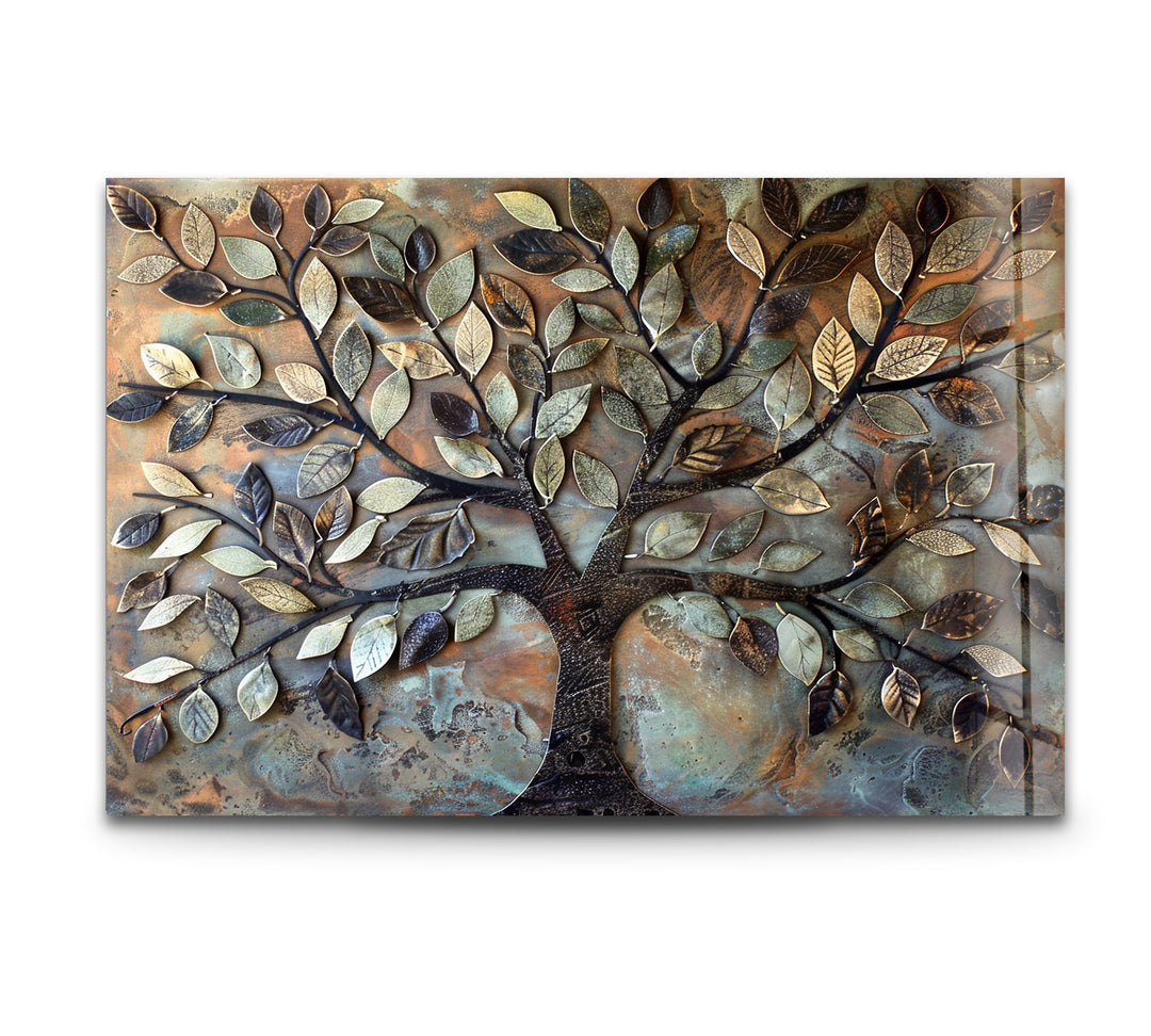 Verdant Bronze Tree – Textured Nature-Inspired Glass Wall Art