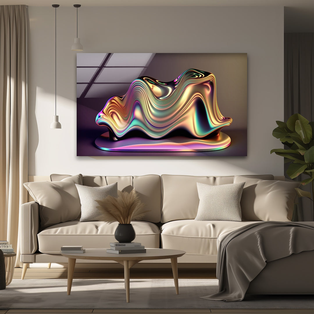 Chromatic Sculpted Form – Iridescent Metallic Shape Glass Wall Art