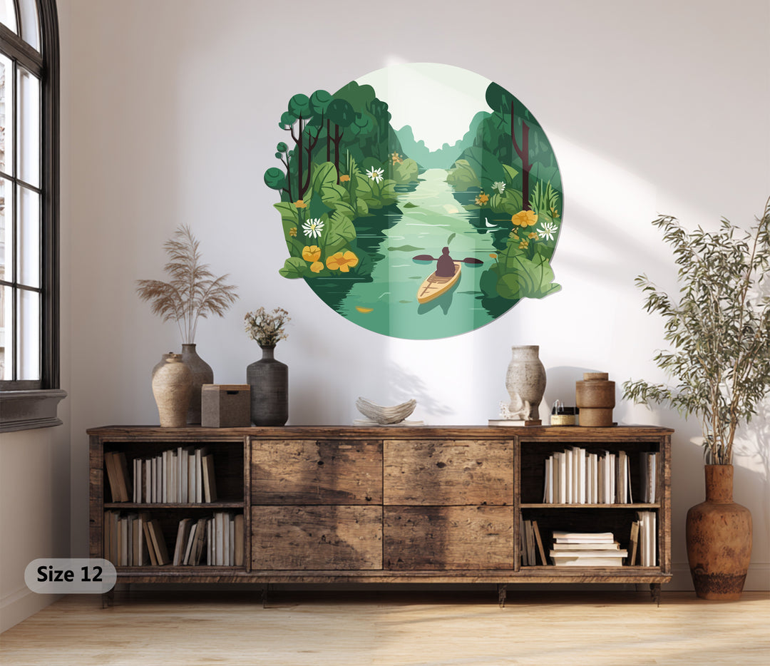 Tranquil Journey – Kayaker in Green Forest River Metal Wall Art