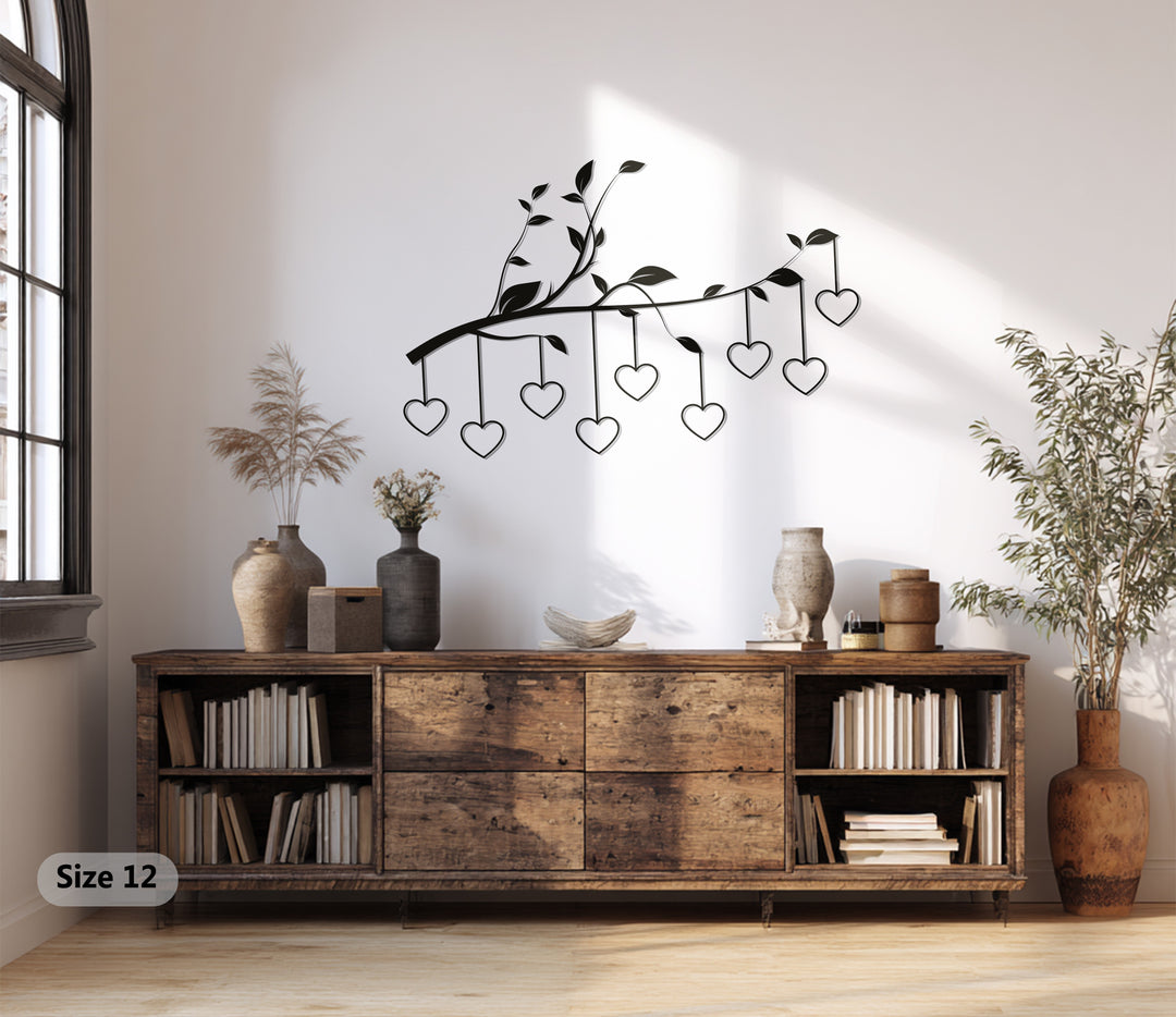 Hanging Hearts on Branch – Romantic Metal Wall Art