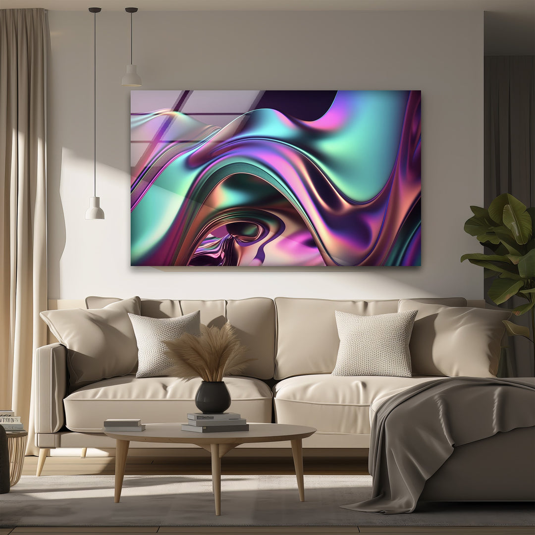 Iridescent Wave Mirage – Neon Chrome Flow Glass Wall Art