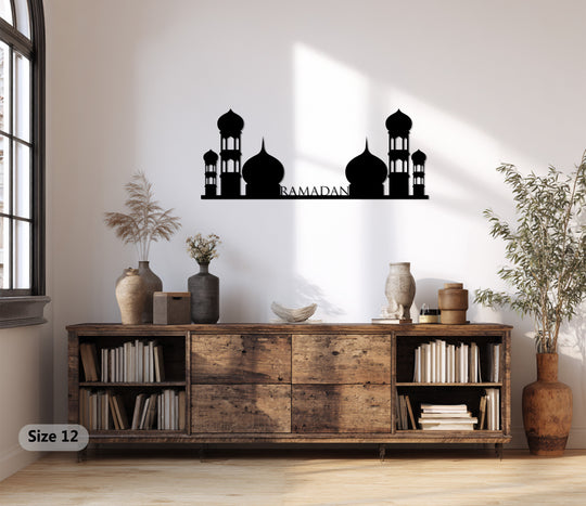 The stillness captures the Ramadan Mosque Skyline, an Islamic metal wall decor silhouette with elegant domes and minarets, evoking a sense of peace.