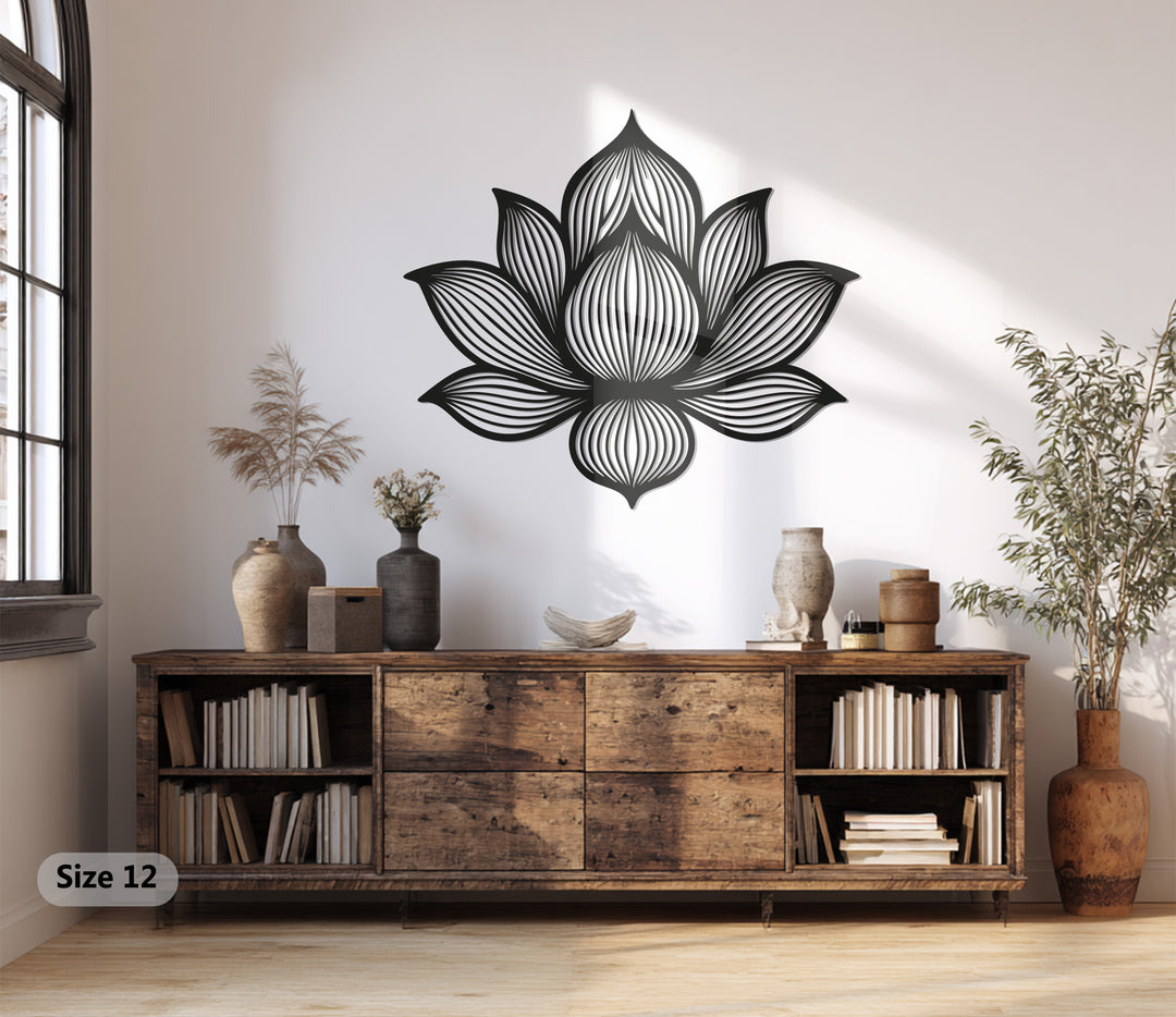 Lotus Flower Metal Wall Art – Modern Black Sacred Geometry Décor